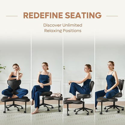 Ergonomic Cross Legged Chair, 360° Swivel Meditation Chair with Wheels, Height Adjustable Seat for ADHD, Strong Lumbar Support, Chic Home Office Furniture, PU Leather, Black