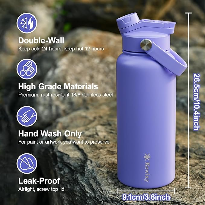 32 oz Insulated Water Bottle, 2-in-1 Lid, Straw & Spout with Protected, Leak Proof, Keep Cold, Stainless Steel, Metal, Reusable, Handle, for Outdoor, Gym and School, 2 Lids, Aurora Blue