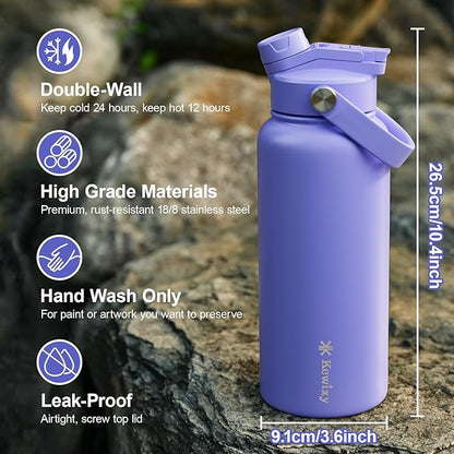 32 oz Insulated Water Bottle, 2-in-1 Lid, Straw & Spout with Protected, Leak Proof, Keep Cold, Stainless Steel, Metal, Reusable, Handle, for Outdoor, Gym and School, 2 Lids, Aurora Blue