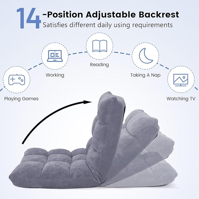 Moccha 14-Position Floor Chair, Folding Sofa Chair with Back Support, Memory Foam Floor Gaming Chairs for Adults, Adjustable Padded Couch Recliner Sleeper Bed for Reading, Meditating, Gray