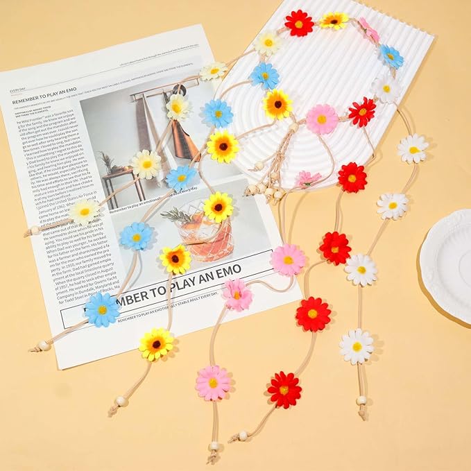 6 Pcs Hippie Costume Accessories Set, Flower Hippie Headband Boho Peace Sign Necklace Earrings Sunglasses Bracelet