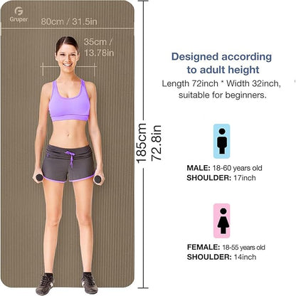 Yoga Mat Non Slip NBR Thick Yoga Mat, 72"L x 32"/24"W x 0.6"/0.4"TH (185cm x 80cm/61cm x 15mm/10mm), Anti-Tear Exercise Mat with Carrying Strap and Bag, Workout Mats for Yoga, Pilates, Floor Exercises