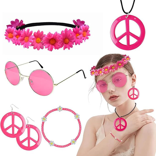 Hippie Costume Accessories Set Peace Sign Necklace Sunglasses Flower Headband Earrings for 60s 70s Outfit Party Women