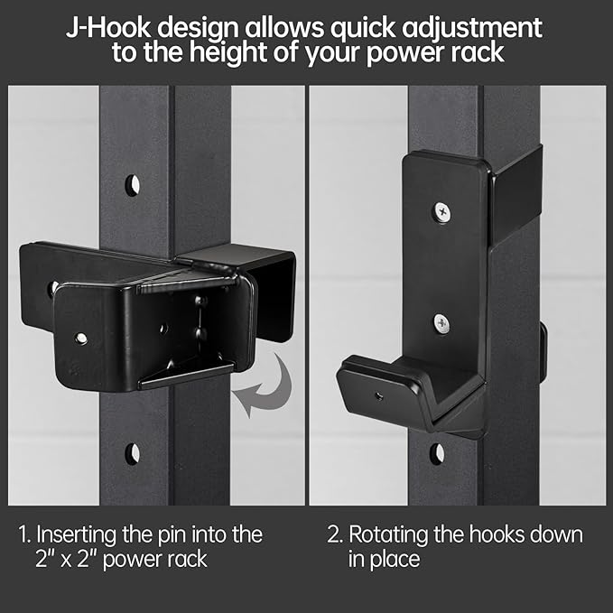 J Hooks for 2" x 2" Power Rack, Rubber Pad J-Hook for Power Cage, Bottom Reinforced Steel J Cups for Squat Rack, Heavy Duty Barbell Holder, Black
