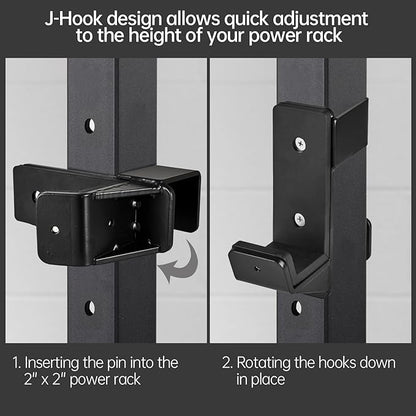 J Hooks for 2" x 2" Power Rack, Rubber Pad J-Hook for Power Cage, Bottom Reinforced Steel J Cups for Squat Rack, Heavy Duty Barbell Holder, Black