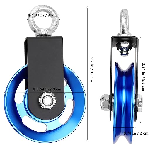 2 Pack 3.5 Inch Cable Pulley Wheel, Aluminum Cable Pulleys with Hanging Strap and Snap Hook, 360° Rotation Snatch Block Pulley Wheel for Home Gym Equipment, DIY, Blue
