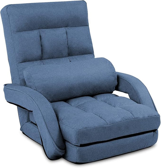 FLOGUOR 14-Position Adjustable Floor Chair, Chaise Lounge Indoor, Folding Lazy Sofa with Armrests and a Pillow Padded Adults Gaming Chairs for Living Room, Bedroom Factory Price (Blue) 8803BL