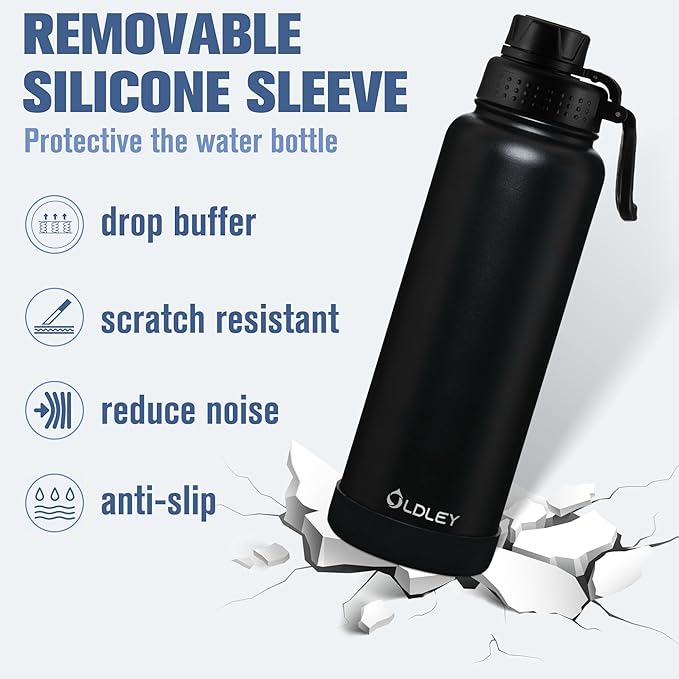 OLDLEY 40 oz Insulated Water Bottle With Straw, Stainless Steel Sports Water Cup Flask with 3 Lids(Straw, Spout and Handle Lid) Double Walled Travel Thermal Canteen Mug,Black
