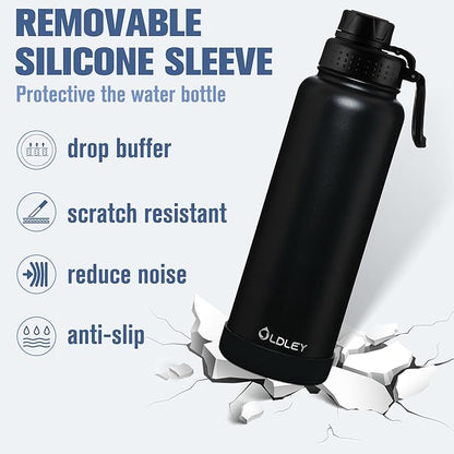 OLDLEY 40 oz Insulated Water Bottle With Straw, Stainless Steel Sports Water Cup Flask with 3 Lids(Straw, Spout and Handle Lid) Double Walled Travel Thermal Canteen Mug,Black