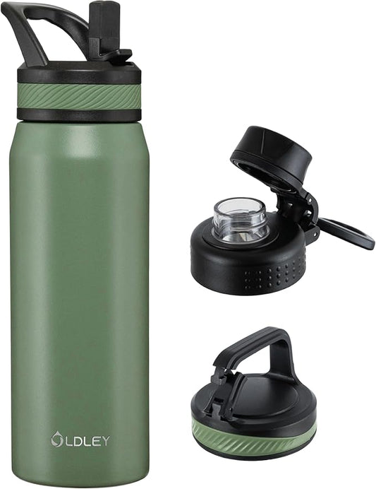 OLDLEY 24 oz Insulated Water Bottle With Straw, Stainless Steel Sports Water Cup Flask with 3 Lids(Straw, Spout and Handle Lid) Double Walled Travel Thermal Canteen Mug,Army Green