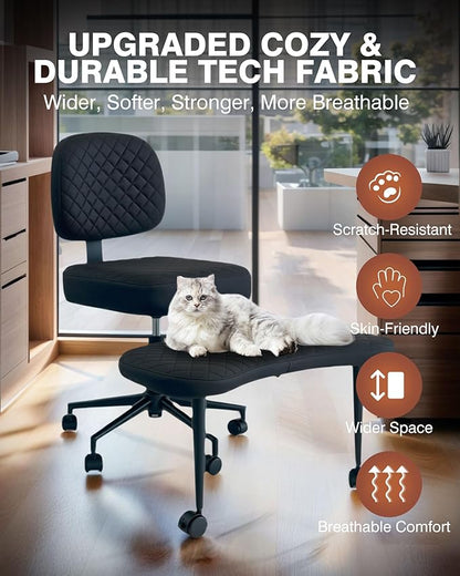 PYY Cross Legged Office Chair - Upgraded Durable Tech Fabric Meditation ADHD Office Chair w/Wheels, SGS Gas Rod, Load Capacity 300LBS, Squatting Kneeling Fidget Chair for Home & Office, Black