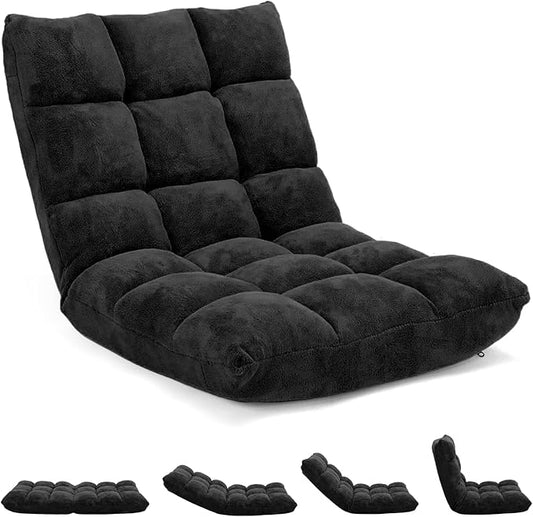 RELAX4LIFE Floor Chair with Back Support - 14-Position Adjustable Lazy Sofa Chair, Padded Sleeper Bed & Couch Recliner for Reading Meditation, Folding Floor Gaming Chair for Adults (Black)