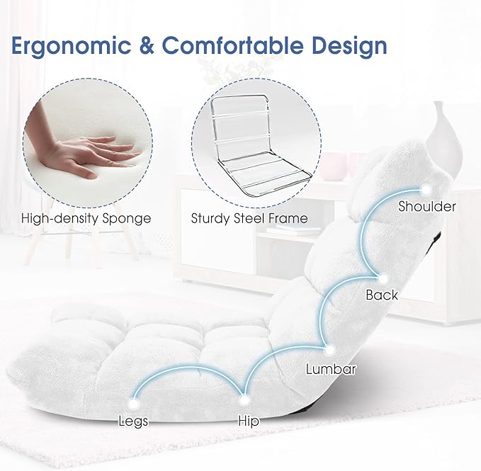 GORELAX Memory Foam Floor Chair, 14-Poistion Adjustable Reading Gaming Chair Recliner, Folding Cushioned Meditation Chair with Back Support, Padded Lazy Sofa for Adults, Kids (White)