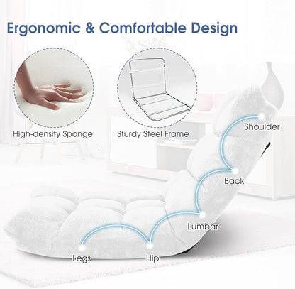 GORELAX Memory Foam Floor Chair, 14-Poistion Adjustable Reading Gaming Chair Recliner, Folding Cushioned Meditation Chair with Back Support, Padded Lazy Sofa for Adults, Kids (White)