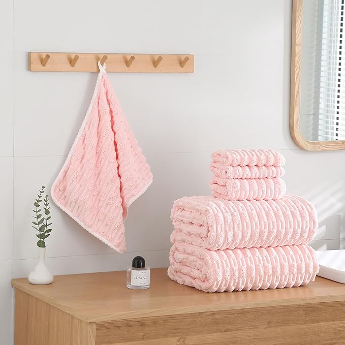 40x80 Inches Oversized Bath Sheets Extra Large Bath Towels Set of 6 for Adults Super Soft Quick Dry Lightweight Lint Free Absorbent Stripe Microfiber Shower Towels (Pink,6 Piece)