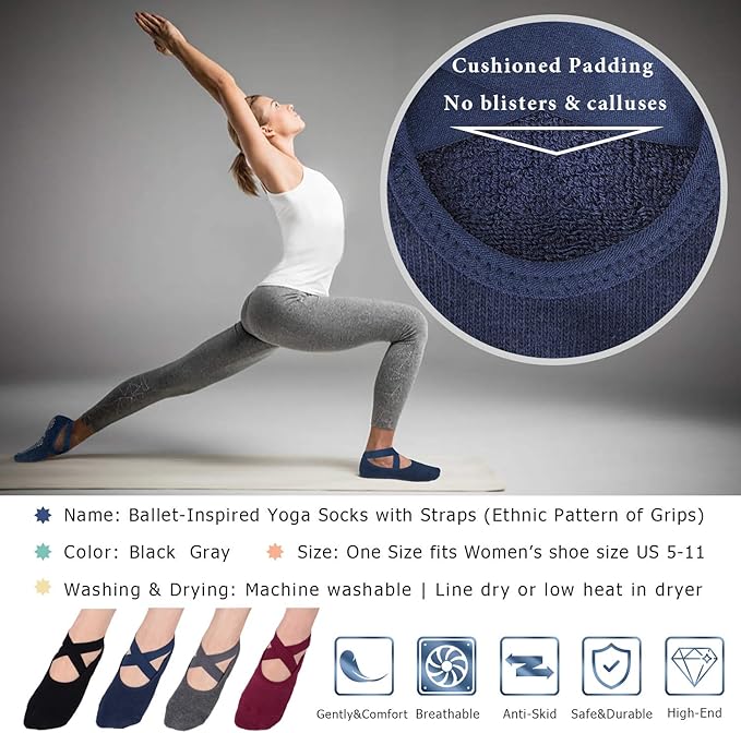 Ozaiic Yoga Socks for Women Non-Slip Grips & Straps, Ideal for Pilates, Pure Barre, Ballet, Dance, Barefoot Workout