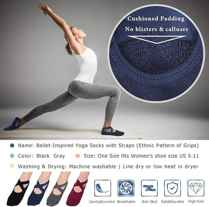 Ozaiic Yoga Socks for Women Non-Slip Grips & Straps, Ideal for Pilates, Pure Barre, Ballet, Dance, Barefoot Workout