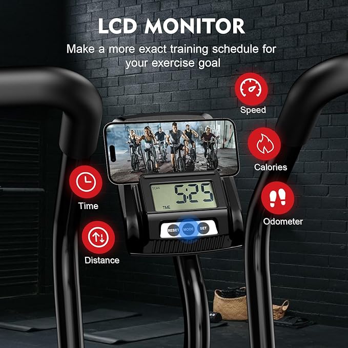 pooboo Exercise Bike, Stationary Bike for Home Gym, Air Resistance Bluetooth Fan Bike w/Dual Acction Handlebars & Dual-Layer Transmission System, Upright AirBike Indoor Cycling Bike for Cardio Workout