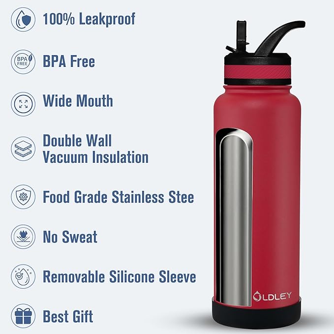 OLDLEY 40 oz Insulated Water Bottle With Straw, Stainless Steel Sports Water Cup Flask with 3 Lids(Straw, Spout and Handle Lid) Double Walled Travel Thermal Canteen Mug,Fire Red