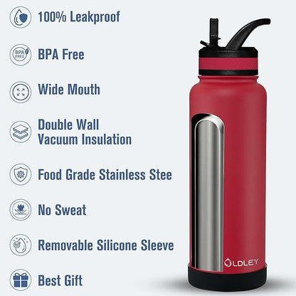 OLDLEY 40 oz Insulated Water Bottle With Straw, Stainless Steel Sports Water Cup Flask with 3 Lids(Straw, Spout and Handle Lid) Double Walled Travel Thermal Canteen Mug,Fire Red