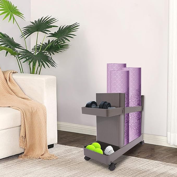 Yoga Mat Storage Rack with Wheels, Weight Cart Stand Small Gym Racks Yoga Racks, Storage Organizer Home Gym Equipment for Homes, Gyms, Schools (Grey)