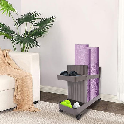 Yoga Mat Storage Rack with Wheels, Weight Cart Stand Small Gym Racks Yoga Racks, Storage Organizer Home Gym Equipment for Homes, Gyms, Schools (Grey)