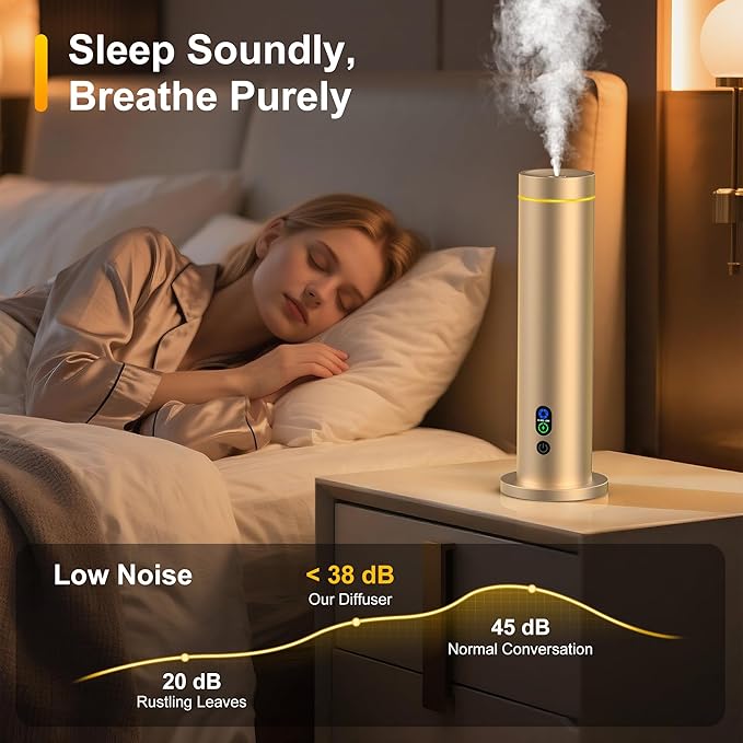Waterless Diffuser, 1000 Sq.Ft Coverage, Essential Oil Diffuser with Tilt-Safe, Remote Control, Adjustable Mist Mode, Mood Lights Aromatherapy Diffuser for Home, Large Room, Office, Hotel, Gold