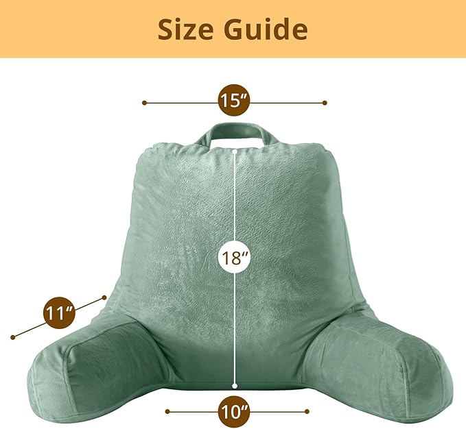 Sasttie Reading Pillow, Velvet Back Pillow for Bed Sitting Up, Adult Back-Rest Support Cushion with Arms for Sit Up on Couch, Sofa, and Floor, Dorm Essentials, Reading Accessories, Sage