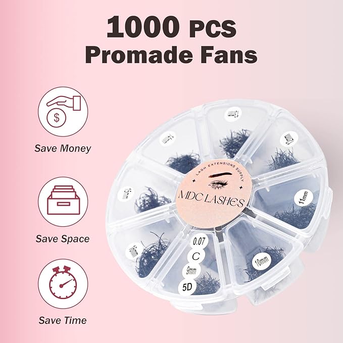 Promade Eyelash Fans Mix Length 1000 Fans Volume Lash Extensions 8D-16D, C/D Curl, 9-16mm Length, 0.05-0.07 Short Stem PBT Synthetic Vegan False Eyelash