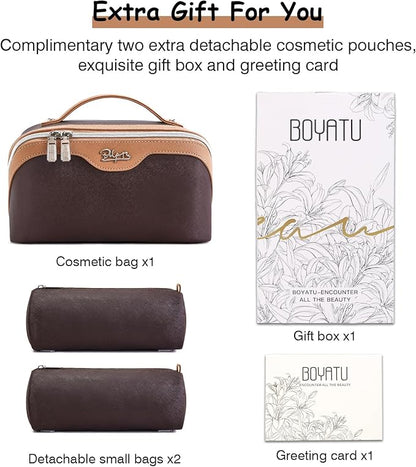 BOYATU Travel Makeup Bag Organizer Cosmetic Bag: 3 Pcs Set Make up Bags for Women with Handle - Waterproof Vegan Leather Toiletry Bags Travel Essentials Pouch with Compartments (G-01-Brown)