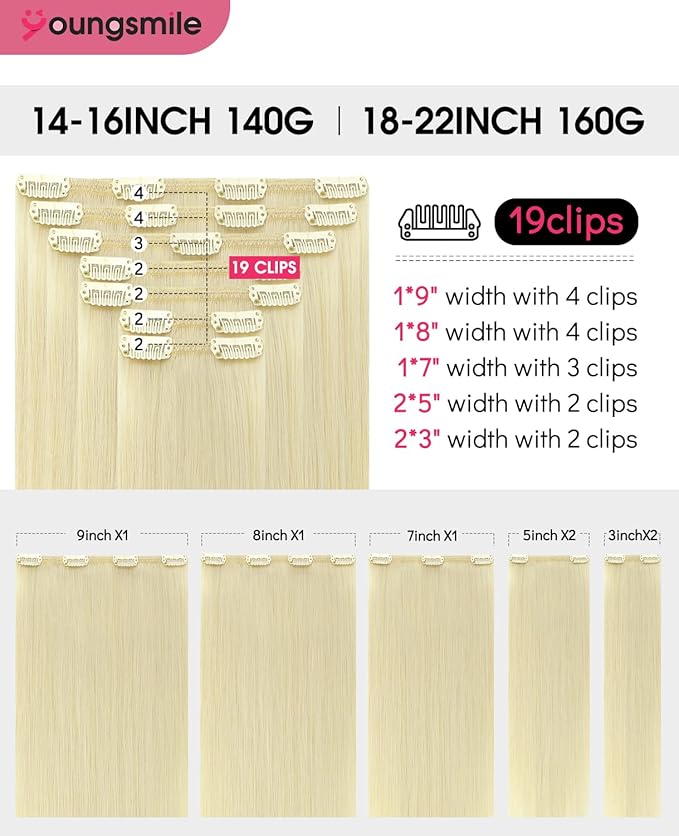 Youngsmile Clip in Hair Extensions Human Hair For Women 16 Inch 140 Gram 7 Pcs Color 60 Platinum Blonde Human Hair Extensions Clip in Double Weft Real Human Hair (7C#60-16Inch)