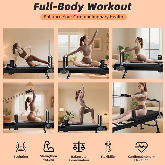 Pilates Reformer Machine for Home, 78" Foldable Reformer with Adjustable Resistance, 5 Elastic Cords, Professional Home Gym Equipment