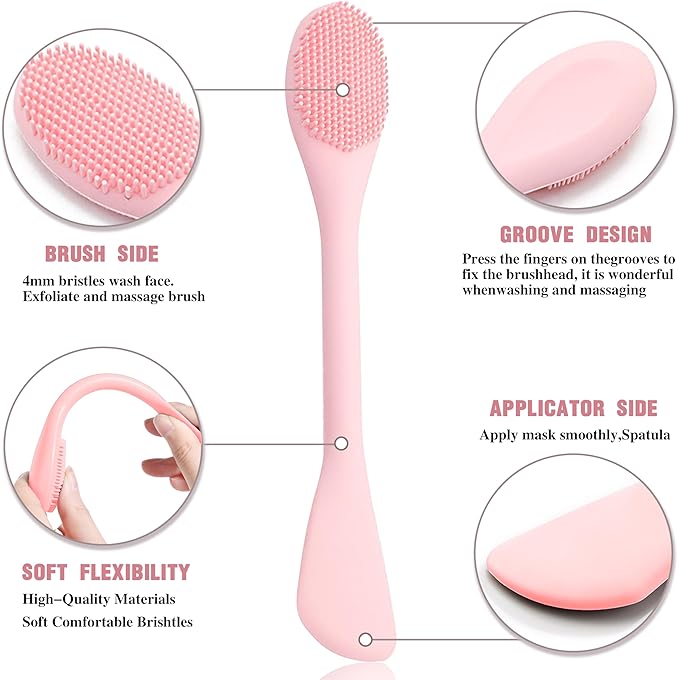 Facial Cleansing Brush, 2 in 1 Silicone Face Mask Brush & Face Scrubber, Face Wash Headband and Wristband Set，5 Pieces (Green&Pink+Pink)