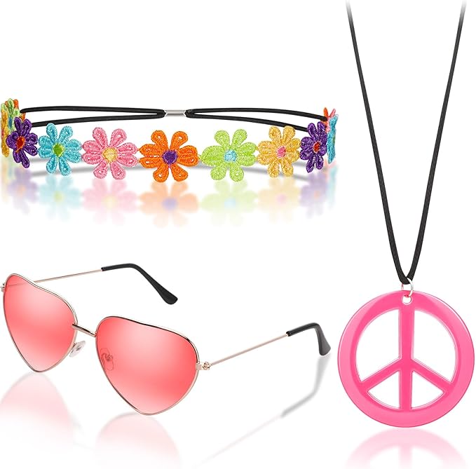 WILLBOND 60s 70s Accessories for Women Hippie Costume Accessories Peace Sign Necklace Headband Hair Wreath Sunglasses