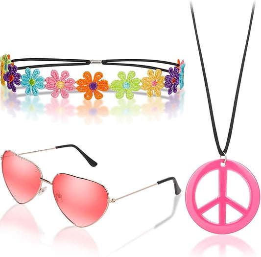 WILLBOND 60s 70s Accessories for Women Hippie Costume Accessories Peace Sign Necklace Headband Hair Wreath Sunglasses
