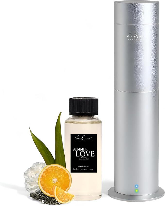 Aroma Scent Diffuser Starter Kit for Up to 1000SQ. FT. Coverage - 120ML Waterless Essential Oil Scent Included - Luxury Aroma Diffuser Ideal for Home, Office & Hotel (Silver, Summer Love)