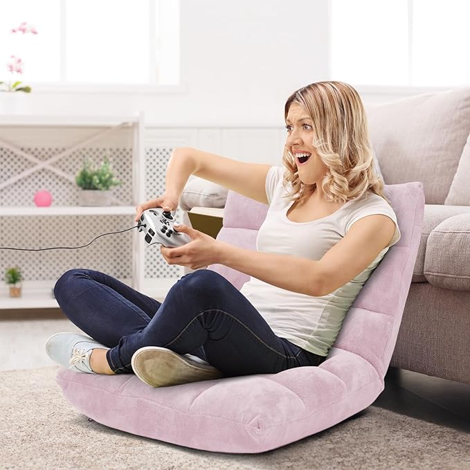 RELAX4LIFE Floor Chair with Back Support - 14-Position Adjustable Lazy Sofa Chair, Padded Sleeper Bed & Couch Recliner for Reading, Meditation, Gaming, Adults (Light Pink)