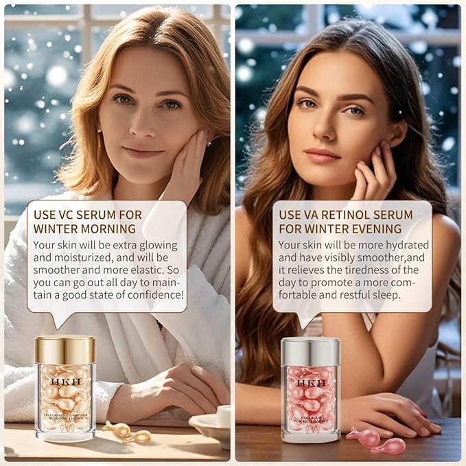 HKH Vitamin C Serum For Face Anti-Wrinkle 30 Capsules With Scissors,Vitamin C Anti-Wrinkle &Vitamin A Retinol Collagen Anti-Aging Night Serum For Women,Smoothing,Hydrating,Firming Skin,Travel Portable