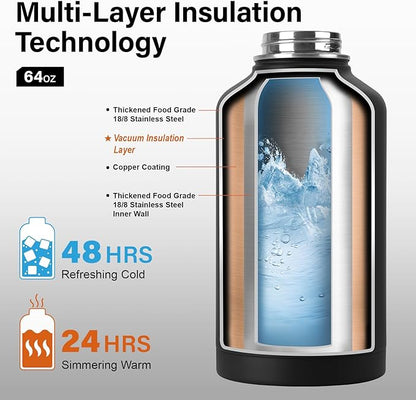 Insulated Water Bottle | Thickened Stainless Steel Vacuum Metal | Portable Sports Half Gallon Large Water Jug for Gym and Hiking with Straw, Carrier Bag, Handle Strap | BPA-Free 64 oz