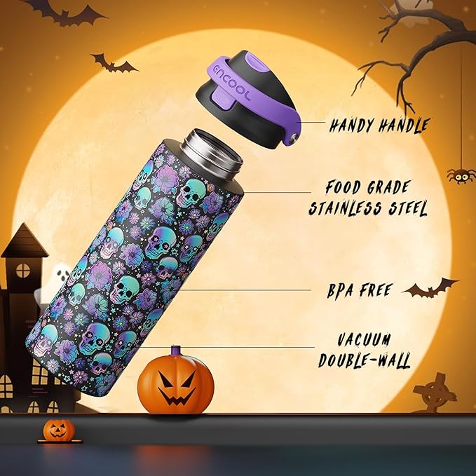 Halloween Gothic Water Bottle with Straw, Stainless Steel Insulated Water Bottle,Leak Proof, One-Touch Flip Lid, BPA Free, Holiday Gifts For Women Men, 24oz, Floral Afterlife