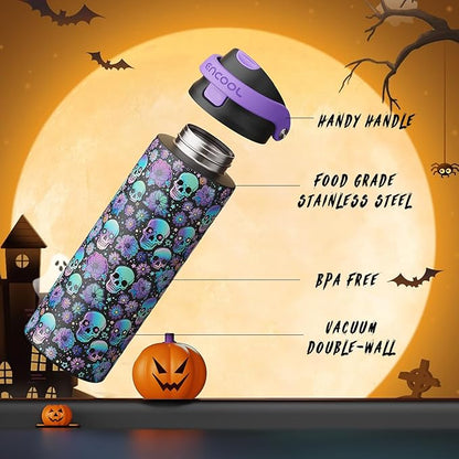 Halloween Gothic Water Bottle with Straw, Stainless Steel Insulated Water Bottle,Leak Proof, One-Touch Flip Lid, BPA Free, Holiday Gifts For Women Men, 24oz, Floral Afterlife