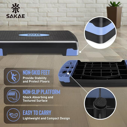 SAKAE Adjustable Aerobic Stepper Kit with Dumbbells & Kettlebell & Weightlifting Belt & Measuring Tape, 2 Level Risers Exercise Step Platform for Home Gym Exercise Fitness Workout, Multiple Colors