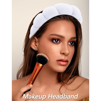 VELSCRUN Spa Headbands for Wash Face, Makeup Headband, Facial Skincare Headbands, 5 Pcs White Puffy Sponge Spa Headband Bow Tie Hair Band Hair Clips Wristband Set Women Girls Accessories