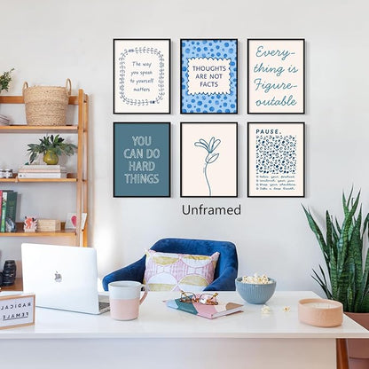 6pcs Mental Health Canvas Wall Art, You Can Do Hard Things Positive Affirmation Poster, Everything Is Figureoutable Mindfulness Print, Pause and Relax Therapy Office Wall Decor 16x24in Framed