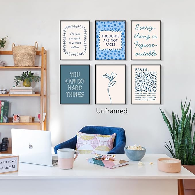 6pcs Mental Health Canvas Wall Art, You Can Do Hard Things Positive Affirmation Poster, Everything Is Figureoutable Mindfulness Print, Pause and Relax Therapy Office Wall Decor 12x16in Framed