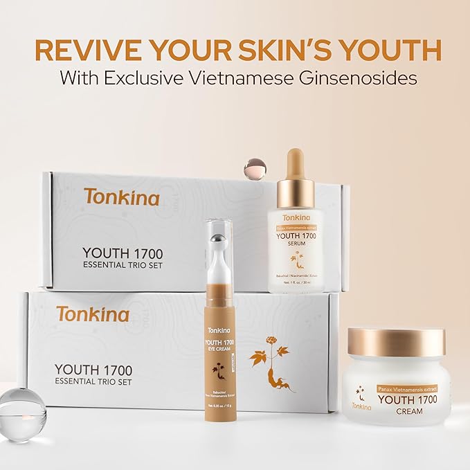 Youth 1700 Essential Trio Set, Vietnamese Ginseng Anti-Aging Skin Care Kit with Serum, Eye Cream & Moisturizer for Wrinkle Care & Firm, Radiant Skin, For All Skin Types