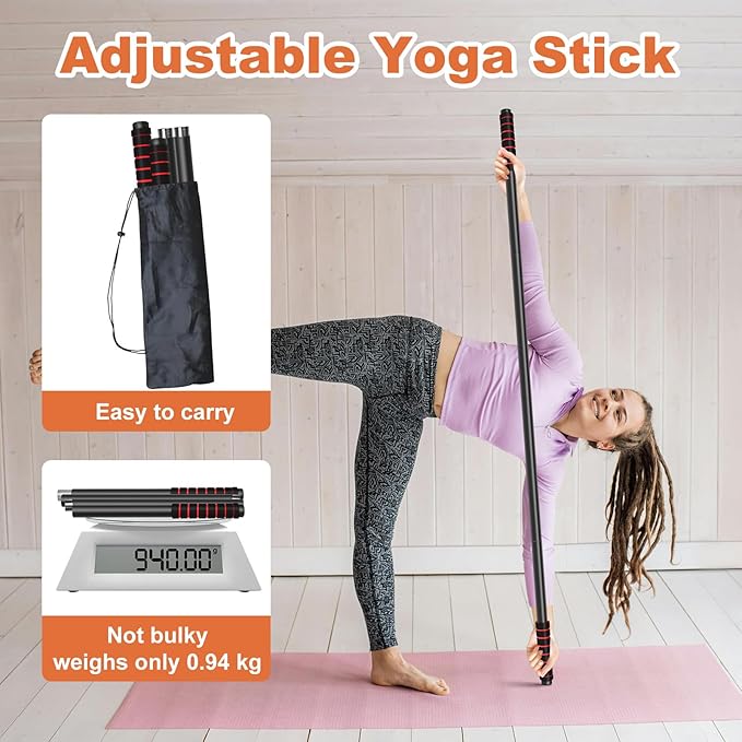 Yoga Stick Sturdy Steel, 5 Ft Adjustable Stretching Stick for Mobility, Flexibility and Balance, Versatile Exercise Stick with Non-Slip Ends and Foam Handles for Fitness, and Posture