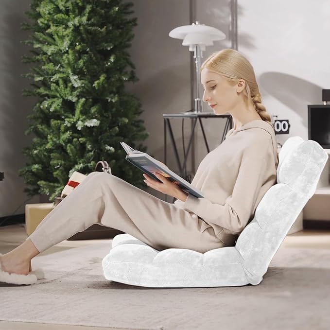 Giantex Floor Chair with Back Support, 14 Adjustable Position, Padded Sleeper Bed, Couch Recliner, Folding Gaming Floor Chairs for Adults, Living Room, Bedroom, Yoga, Meditation, White