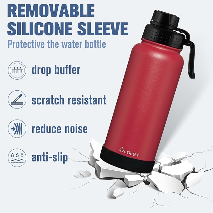 OLDLEY 32 oz Insulated Water Bottle With Straw, Stainless Steel Sports Water Cup Flask with 3 Lids(Straw, Spout and Handle Lid) Double Walled Travel Thermal Canteen Mug,Fire Red