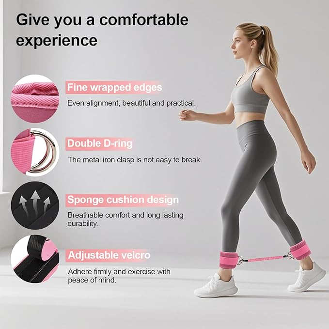 Adjustable Ankle Resistance Bands with Cuffs - 3-Level Booty Bands for Women, Home Gym Equipment for Glutes & Legs Workout, Pilates Yoga Accessories